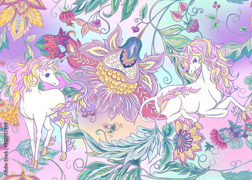 Dekoracja na wymiar  seamless-pattern-with-stylized-ornamental-flowers-in-retro-vintage-style-with-unicorns-jacobin-embroidery-colored-vector-illustration-in-pink-blue-ultraviolet-colors-on-mesh-background