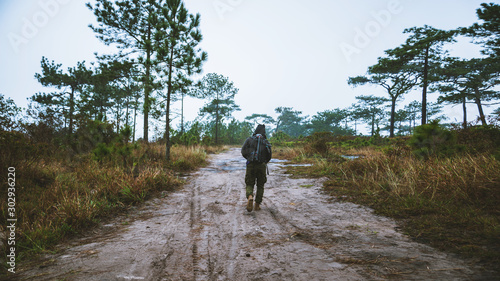 Asian men Travel Nature. Travel relax. Standing natural touch grass on the Mountain. man with a backpack Walking in the grass forest. travel nature. Hiking.