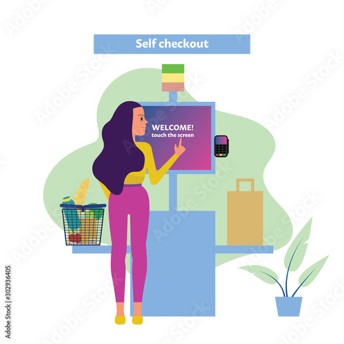 Female customer uses self checkout counter in supermarket, self service lane in grocery store. Flat style stock vector illustration.