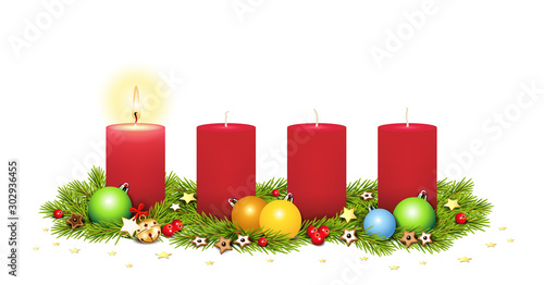 1. Advent,  Adventsgesteck, Advent Karte mit Kerzen, Tannenzweige, Sterne, Ilex Beeren, Lebkuchen, Glöckchen und Weihnachtskugeln, Vektor Illustration isoliert auf weißem Hintergrund
