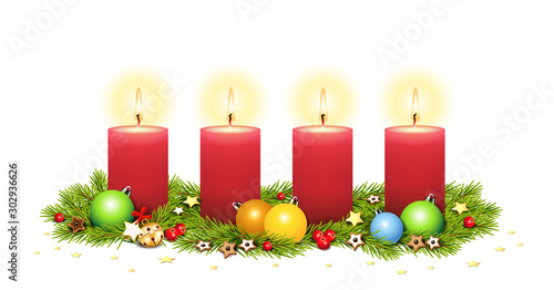 4. Advent   Adventsgesteck  Advent Karte mit Kerzen  Tannenzweige  Sterne  Ilex Beeren  Lebkuchen  Gl  ckchen und Weihnachtskugeln  Vektor Illustration isoliert auf wei  em Hintergrund