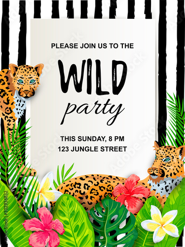 Leopards with tropical leaves, flowers, wild party invitation. Place for text. Vector illustration for flyer, birthday, tropical party, banner, poster.