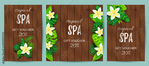 Tropical backdrop with exotic leaves, flower. Spa flyers set. Place for text. Great for party invitation, wedding, bridal shower, aroma, health care, cosmetics, touristic concept. Vector illustration