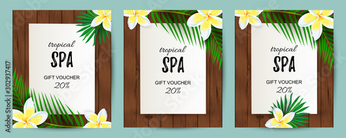 Tropical backdrop with exotic leaves, flower. Spa flyers set. Place for text. Great for party invitation, wedding, bridal shower, aroma, health care, cosmetics, touristic concept. Vector illustration