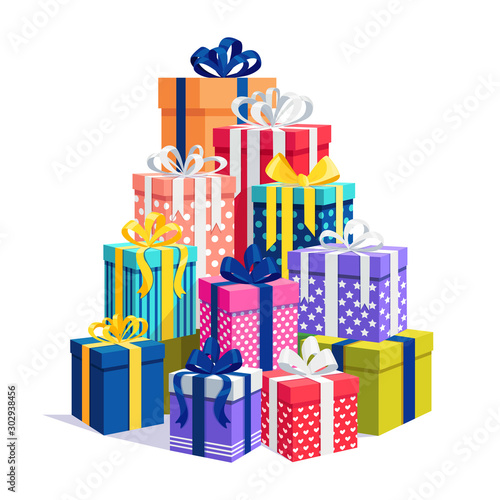 Big pile of gift box, present with ribbon, bow isolated on background. Stack of holiday presents. Christmas shopping concept. Surprise for anniversary, birthday, wedding. Vector cartoon design