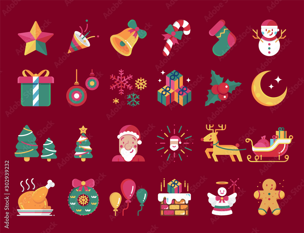 Merry christmas flat design vector icons set. Merry christmas flat design vector icons set.