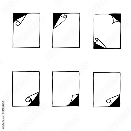 set of Curled corners set. Paper page curl corner, flip turn fold sheet. Sticker curly angle, bent border notepad. doodle hand drawn square edge vector design