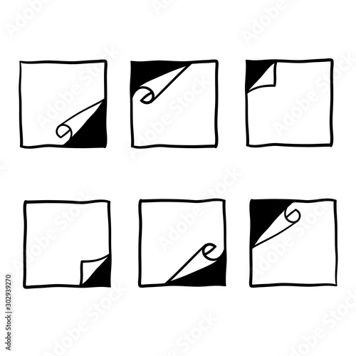 set of Curled corners set. Paper page curl corner, flip turn fold sheet. Sticker curly angle, bent border notepad. doodle hand drawn square edge vector design