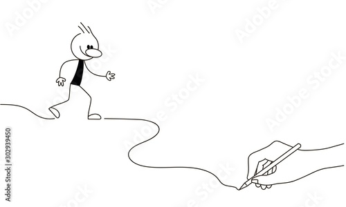 Doodle stick figure: Man is walking on a drawn line.