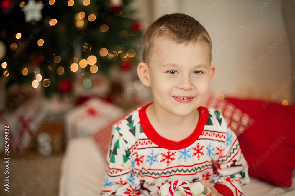 A little boy in Christmas pajamas sits near a Christmas tree and holds a mug of cocoa with marshmallows. Christmas. New Year. A little boy in Christmas pajamas sits near a Christmas tree and holds a mug of cocoa with marshmallows. Christmas. New Year.