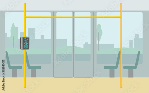 Metro, bus, subway ticket validator flat vector illustration. Wireless, contactless, cashless payments, rfid nfc concept. Public transport nfc payment. Payment of a travel card or phone in transport.