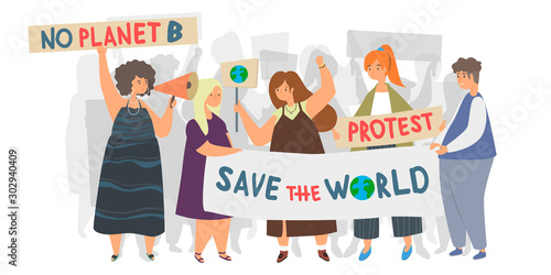 Ecology protest flat vector illustration. Save our planet, ecological movement, сlimate change, environmental activism concept. Group of people on a rally holding banners, flags and placards.