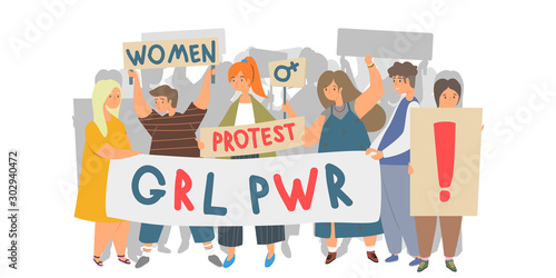 Women protest flat vector illustration. Women group on a rally holding banners, transporants, flags and placards. Female march for rights, defend their rights, women´s day, girls power concept.