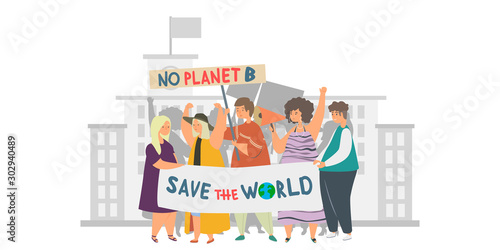 Save the world, ecological movement, сlimate change, no planet B, environmental activism concept. Group of people on rally holding banners, flags and placards. Ecology protest flat vector illustration