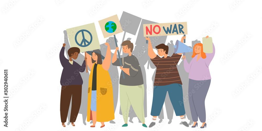 Obraz premium Peace protest, rally, picket and flat vector illustration. Love, antiwar, justice, support for peace concept. Group of people holding banners, men and women with transporants, flags and placards.