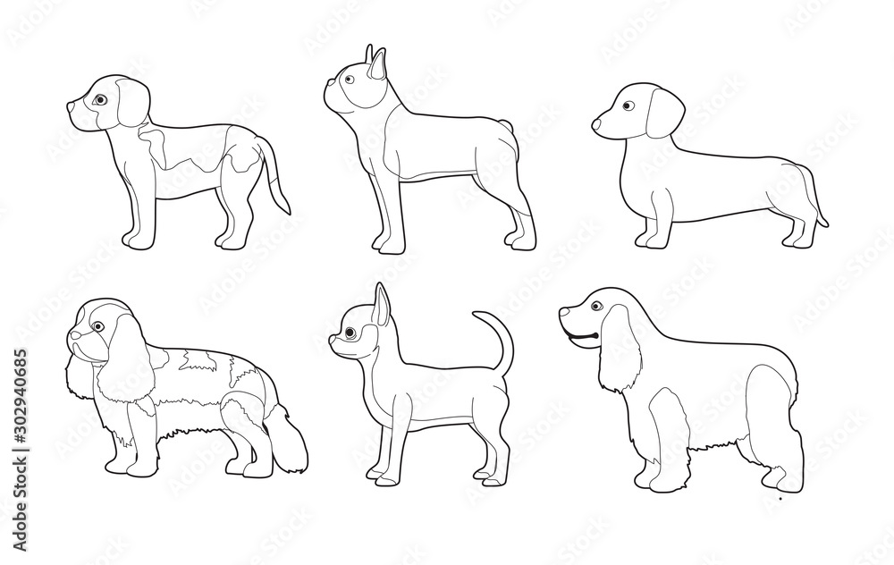 Small Dogs Side View Cartoon Vector Coloring Book Set 1