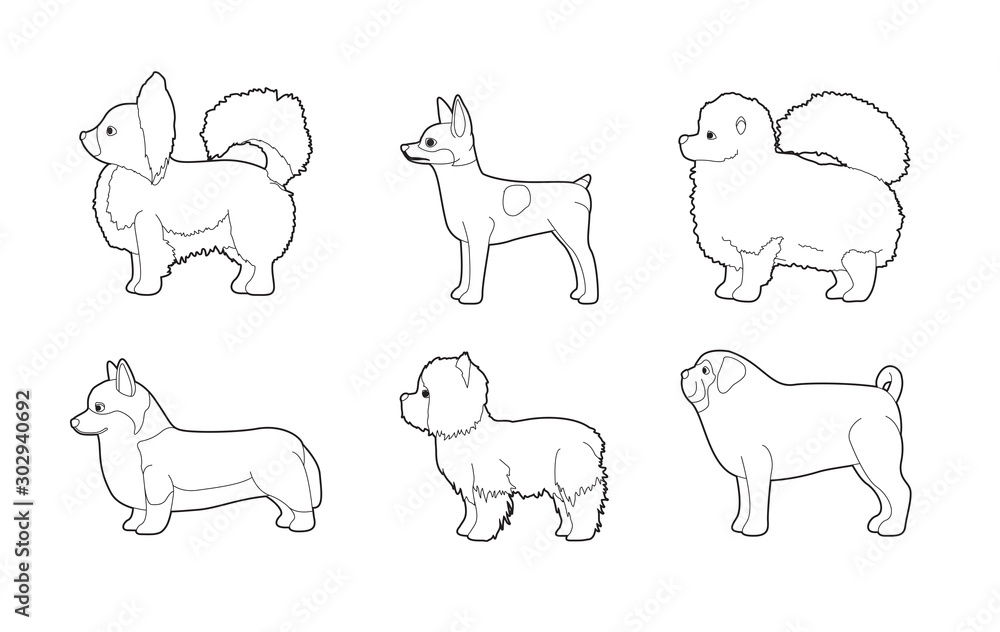Small Dogs Side View Cartoon Vector Coloring Book Set 2