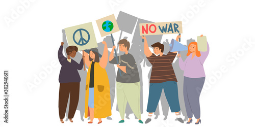 Peace protest, rally, picket and flat vector illustration. Love, antiwar, justice, support for peace concept.  Group of people holding banners, men and women with transporants, flags and placards.