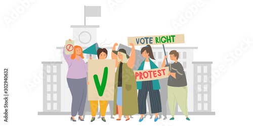 Vote protest, political rally, picket and flat vector illustration. Democratic rights, people legal, every voice counts concept.  Group of people holding banners, transporants, flags and placards.