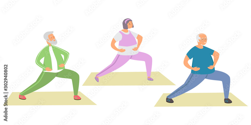 Elderly care and fitness flat vector illustration. Elderly woman and elderly man do sports, exercise, fitness, yoga. Healthy lifestyle of old people. Senior man and woman have fun together. Elderly care and fitness flat vector illustration. Elderly woman and elderly man do sports, exercise, fitness, yoga. Healthy lifestyle of old people. Senior man and woman have fun together.