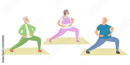 Elderly care and fitness flat vector illustration. Elderly woman and elderly man do sports, exercise, fitness, yoga. Healthy lifestyle of old people. Senior man and woman have fun together.