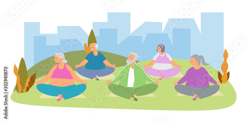 Elderly care and fitness flat vector illustration. Elderly woman and elderly man do sports, exercise, fitness, yoga. Healthy lifestyle of old people. Senior man and woman have fun together outdoors.