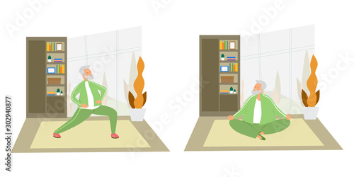 Healthy lifestyle and activity of old people flat vector illustration. Elderly man, grandfather do sports, exercise, fitness, yoga at home. Senior man have fun in leisure and free time.