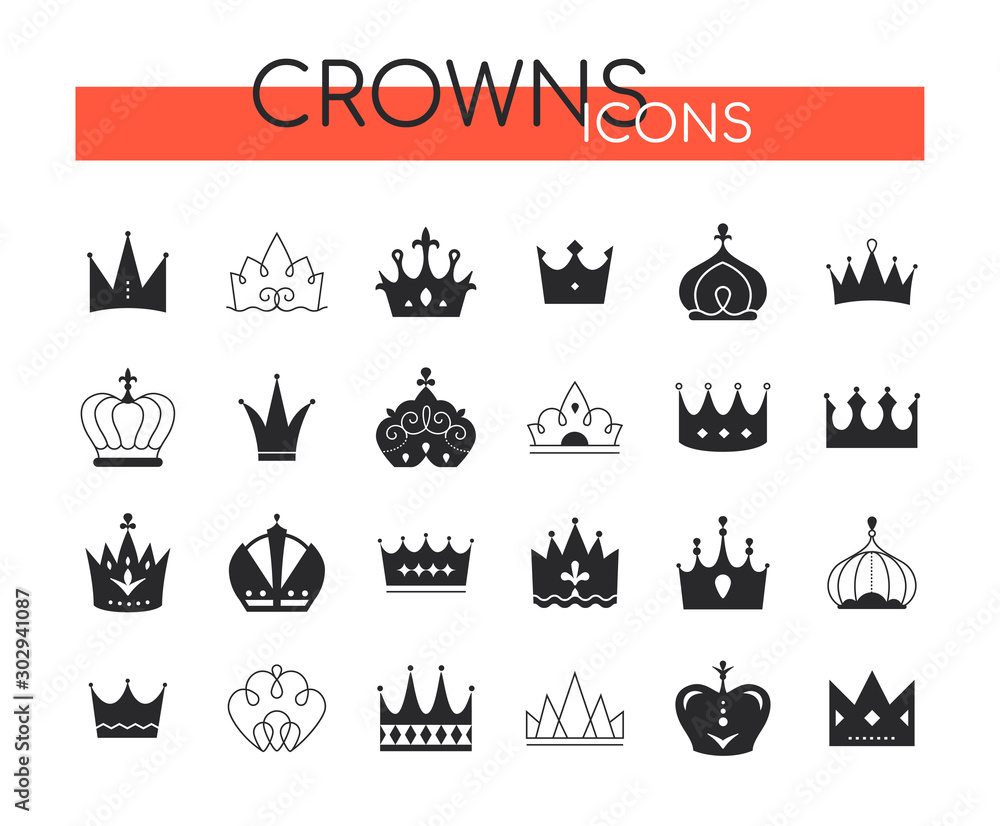 Crowns collection - set of black vector icons