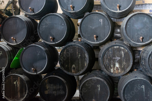 Production of fortified jerez  xeres  sherry wines in old oak barrels in sherry triangle  Jerez la Frontera  El Puerto Santa Maria and Sanlucar Barrameda Andalusia  Spain