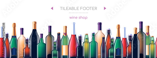 Alcohol glass bottles - vector realistic seamless web footer