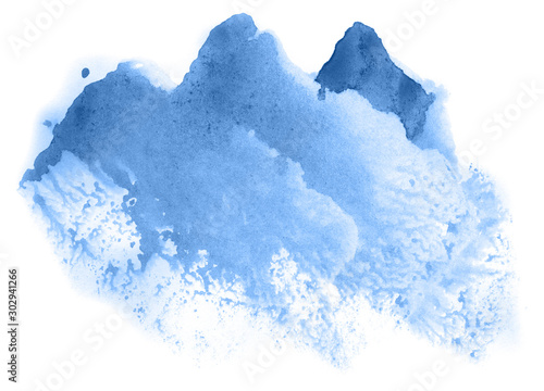 Abstract watercolor background hand-drawn on paper. Volumetric smoke elements. Blue color. For design, web, card, text, decoration, surfaces.