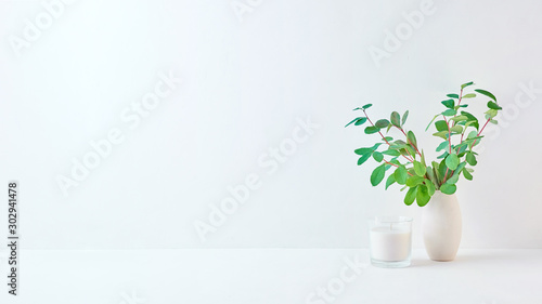 Home interior with decor elements. Branches with green leaves in a vase on a light background