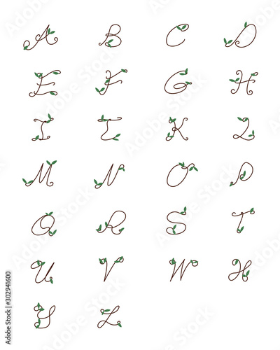 A to Z alphabet,Capital letter, nature font line art, vine leaf vector/illustration isolated on white background