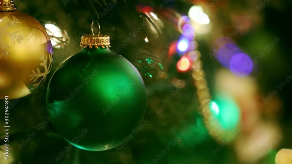 Christmas tree ornaments with colorful lights, 4k