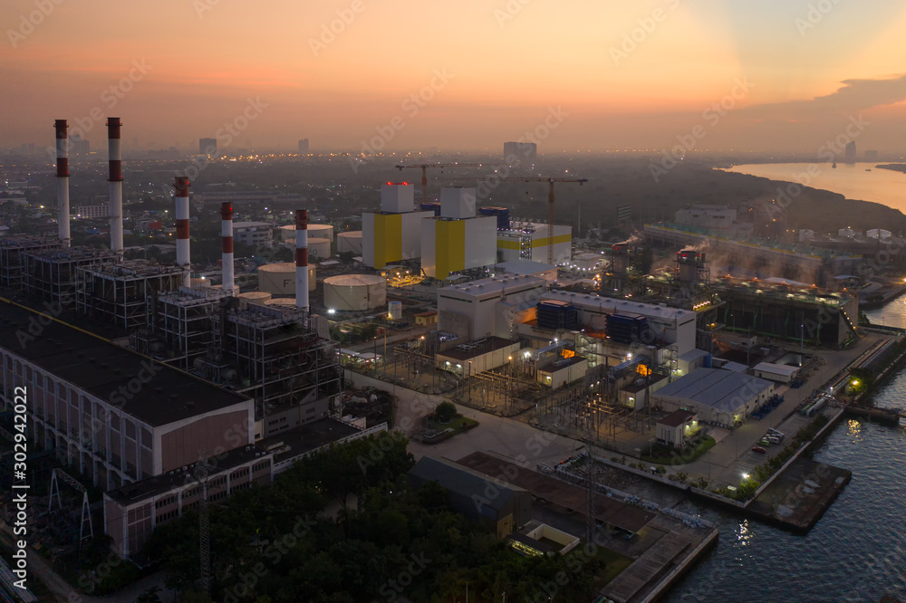 Aerial view of Power plant during twilight time.