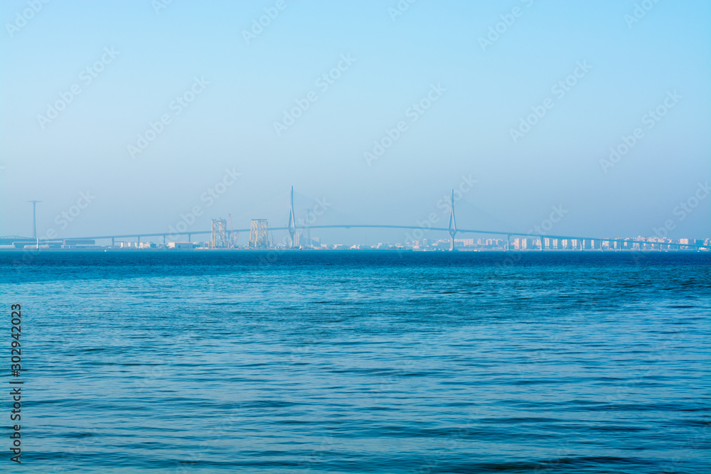 Transportanion in Spain, bridge across Bay of Cadiz, linking Cadiz with Puerto Real in mainland Spain Transportanion in Spain, bridge across Bay of Cadiz, linking Cadiz with Puerto Real in mainland Spain