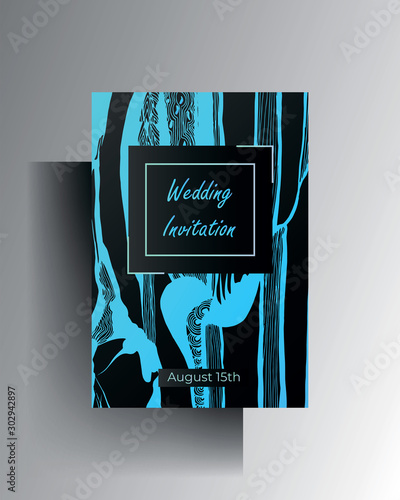 Wedding invitation design. A turquoise texture frame on a black background is manually drawn. Vector 10 EPS.