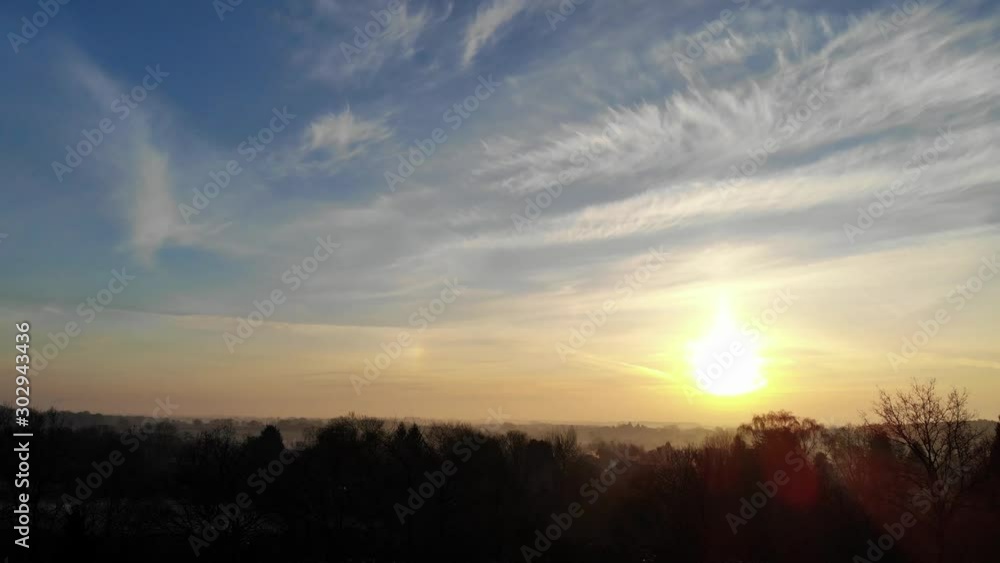 Misty Landscape Sunrise, Drone View, Slow Rise Aerial View, English Suburbs Countryside, Winter, Atmospheric, Blue Cloudy Sky Misty Landscape Sunrise, Drone View, Slow Rise Aerial View, English Suburbs Countryside, Winter, Atmospheric, Blue Cloudy Sky