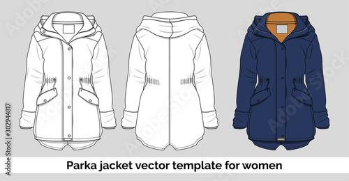 Parka jacket vector template for women