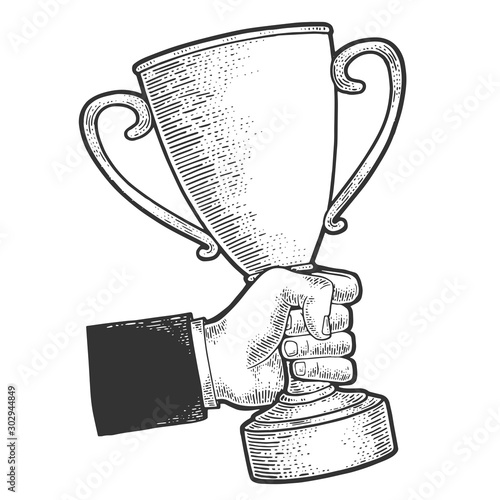 Trophy cup prize in hand sketch engraving vector illustration. T-shirt apparel print design. Scratch board style imitation. Black and white hand drawn image.