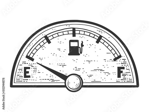 Car fuel gauge with empty tank indicator sketch engraving vector illustration. T-shirt apparel print design. Scratch board style imitation. Black and white hand drawn image.