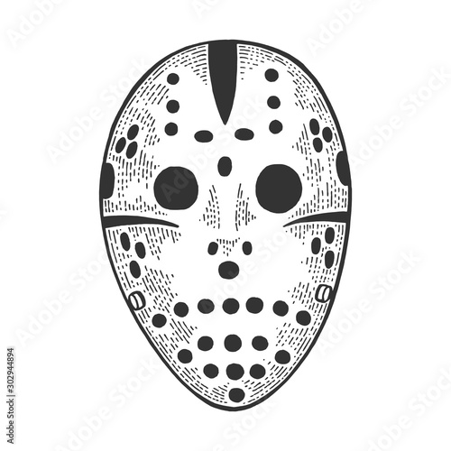 Goaltender hockey goalie nightmare mask sketch engraving vector illustration. T-shirt apparel print design. Scratch board style imitation. Black and white hand drawn image.