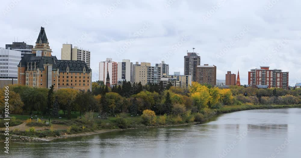 Saskatoon, Canada downtown over river 4K Saskatoon, Canada downtown over river 4K