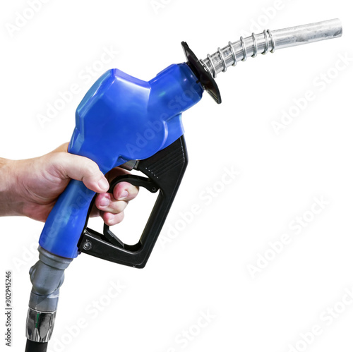 petrol nozzle in hand isolated on white background