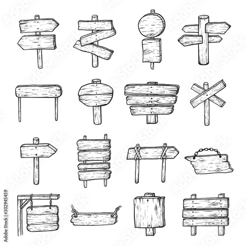 Wooden road signs hand drawn illustrations set