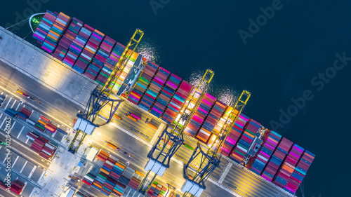 Container cargo ship in import export business logistic at night, Freight transportation container ship, Aerial view.