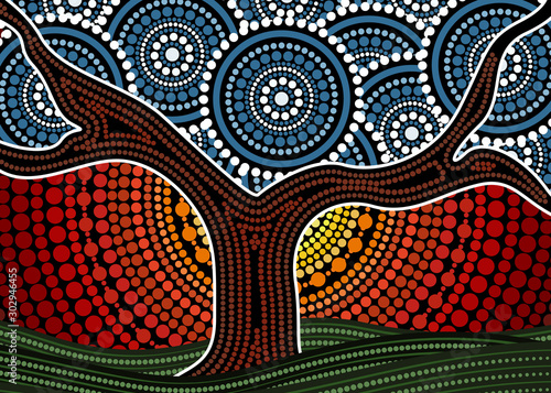 Tree on the hill, An illustration based on aboriginal style of background depicting nature.