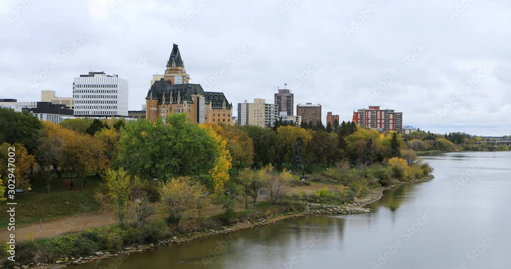 Saskatoon, Canada city center over river 4K Saskatoon, Canada city center over river 4K