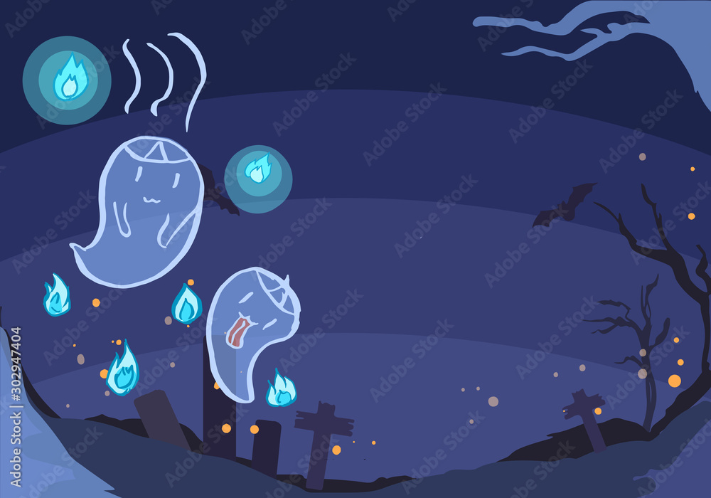 Happy halloween art cute ghost   floating with blue fire Background are dark blue silhouette spooky forest and graveyard