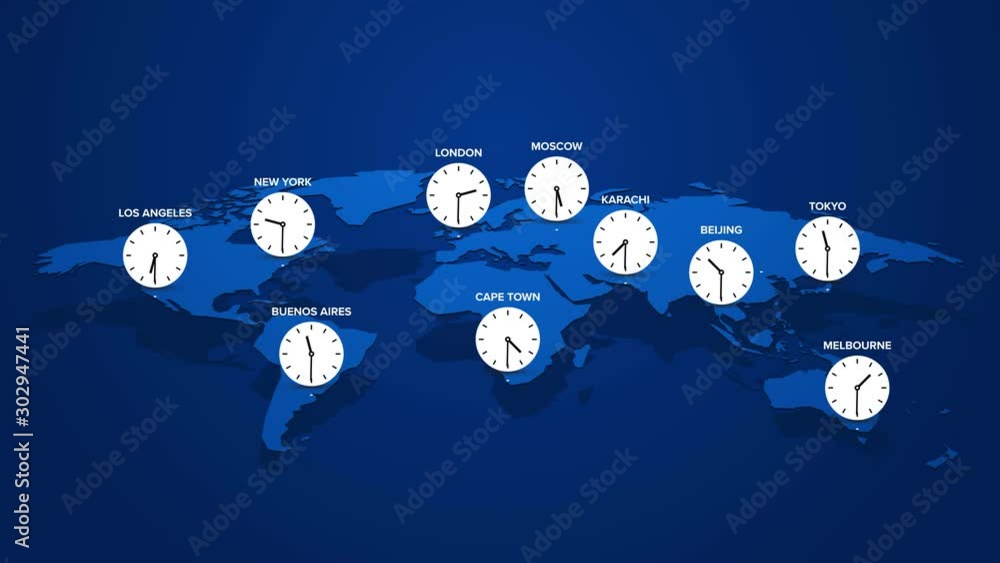 world map with major big cities and their current time business concept ...